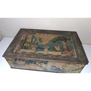Vintage Artstyle Chocolates Tin Art Deco Scenic Candy Box Floral Landscape